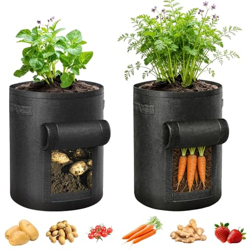 ATB-Foger 15 Gallon Felt Plant Growing Bag Visible Potato Grow Bags Planter Container with Window for Potatoes, Carrots, Tomatoes and Other Vegetables - Black(2 Pack)