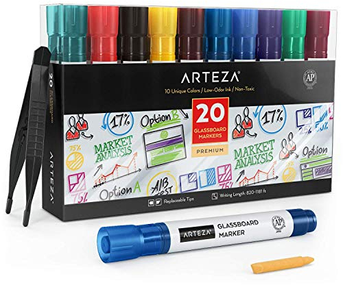 Marqueurs Arteza pour verre, set de 20 pièces, 10 couleurs vives, marqueurs effaçables pour vitres, marqueurs à faible odeur pour miroirs, fenêtres et surfaces non poreuses
