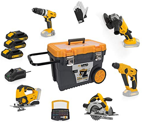 VITO Akku-Werkzeug-Set 20V - Bundle mit Akku-Stichsäge, Schrauber, Kreissäge, Bohrhammer, Winkelschleifer, Werkzeugkoffer, inkl. Akkus und Ladegerät - Tools Combo Kit - Werkzeug Bundle - PowerPackV5