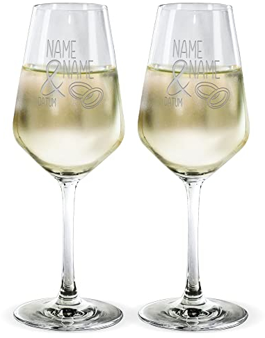PR Print Royal Wein-Glas mit Gravur - Ringe - mit Namen & Datum selbst gestalten - Weißwein-Gläser graviert für Paare, Geschenk Valentinstag, Hochzeit, Weihnachten, 2er-Set