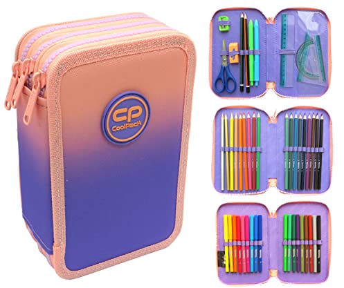 COOLPACK XXL Federtasche Federmappe 3-Fach Schulstiftetui, dreifaches Federmäppchen, Federmäppchen für einen Jungen | Ombre 44-teilig gefüllte Schüleretui 3-stöckig, E67506, Bunt