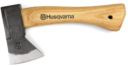 Husqvarna 9.4-Inch Hiking Hatchet, Camping Axe with Hickory Wood Handle and Forged Steel Axe Head, Includes Durable Leather Cover