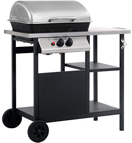 Gasgrill mit Werkzeughaken, Griff & Beistelltisch, BBQ Station Grill mit 2 Rädern, Grillwagen Grillrost Grillstation Camping, Schwarz und Silbern