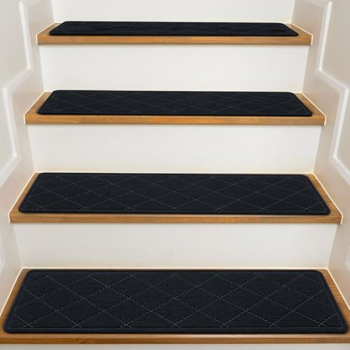 KOOTETA Stair Treads for Wooden Steps Indoor, 15 Pack 8 X 30 Non Slip Carpet Stair Treads with Reusable Adhesive for Kids Elders and Dogs, Surface Polyester TPR Backing Stair Rugs, Black