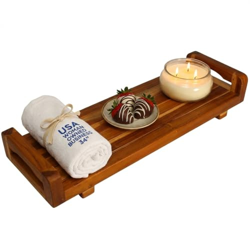 EcoDecors, 34 inch, with LiftAid Handles, Bath Tray for Tub, Bath Tub Tray Wood, Bathtub Table, Caddy for Bathtub in Natural Teak