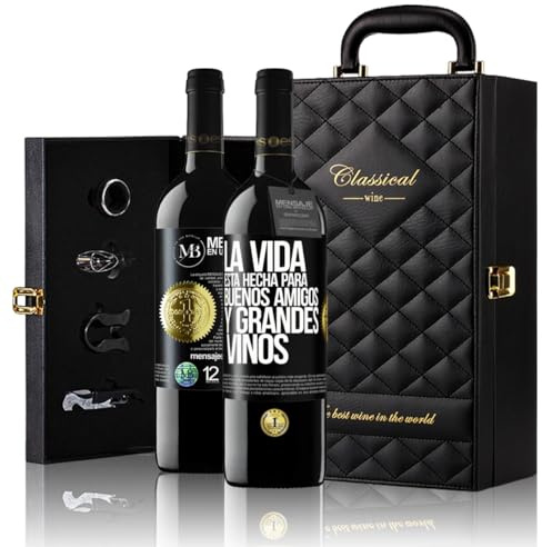 «La vida está hecha para buenos amigos y grandes vinos» Mensaje en una Botella. Estuche-Maletín de LUJO 2x Vino Tinto Premium Reserva 12 Meses y Set de 4 Accesorios. Etiqueta Negra PERSONALIZABLE