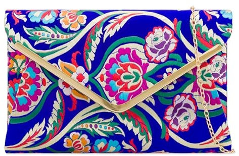 UShopUK Clutch / Handtasche aus Satin, Blumenmuster, mehrfarbig, für Hochzeit, Abend, Party, Handtasche, königsblau, medium