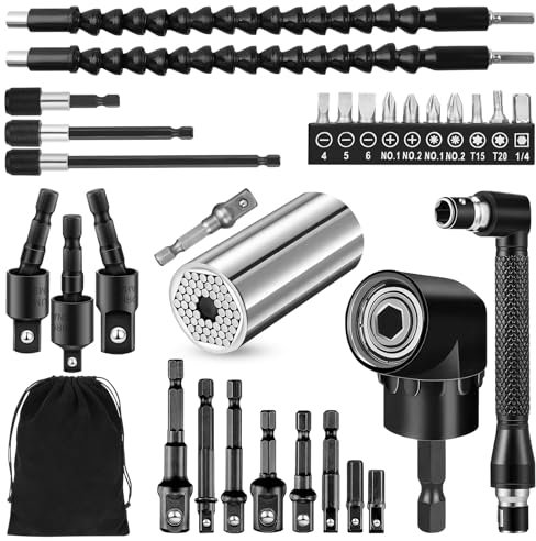 31pcs Flexible Drill Bit Extension Set, Rotatable Joint Socket 1/4 3/8 1/2 Hex Socket Adapter Set, 105° Right Angle Drill Attachment, Bendable Drill Extension Screwdriver Kit