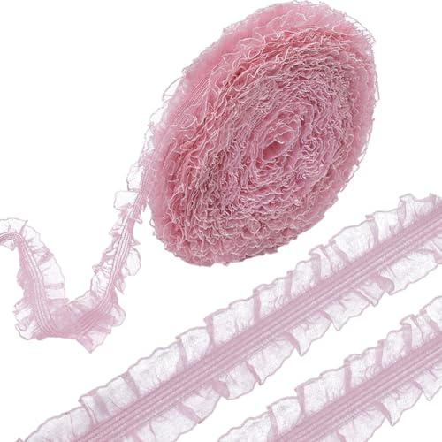 GORGECRAFT 20 Yards Gerüschtes Plissiertes Spitzenbesatzband 30mm Doppelte Rüsche Elastische Stretch-Spitzenkantenbesätze Geraffte Fransenapplikationen Für Kleider shalsbänder DIY Nähen Dekor Rosa