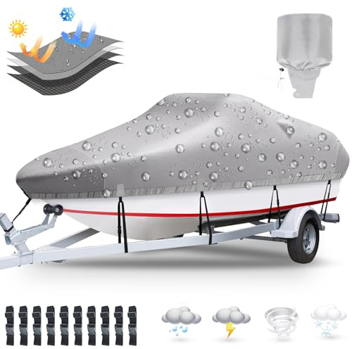 Plscoverit Cubierta para Barco 4,9-5,6 m, Lona de poliéster 1200D Impermeable, Resistente a Rayos UV, Apta Remolque, con Funda para Motor, para Casco en V, triángulo, Pesca, esquí y lancha Deportiva