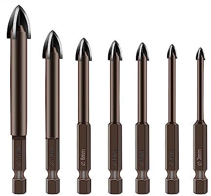 7 PCS Verre Béton Foret Ensemble Croix Hex Carrelage Céramique Forets Carbure Cémenté Ensemble Outil De Forage Universel Trou Ouvreur for Mur(7PCS Black)