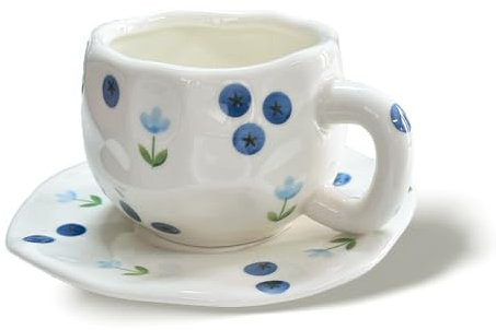 TREEWOO Ensemble tasse à café et soucoupe en céramique peinte à la main, style coréen, cappuccino, latte, tasse à thé irrégulière pincée à la main, 236,8 g