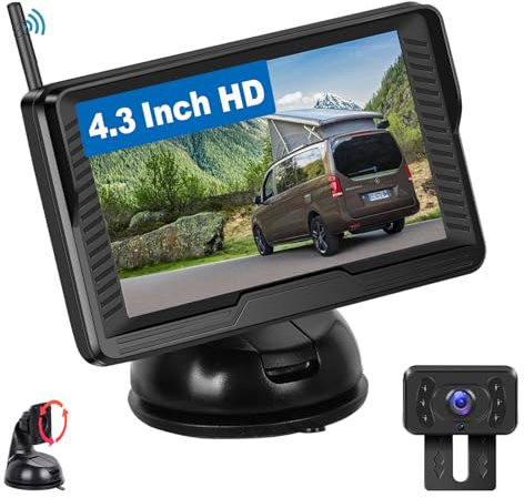 Kit Telecamera Retromarcia Senza Fili con 4,3'' IPS Monitor, Telecamera di Backup Impermeabile IP69 Segnali Digitali Stabili,Visione Notturna con Grandangolare, Telecamera per Auto/RV/Camper