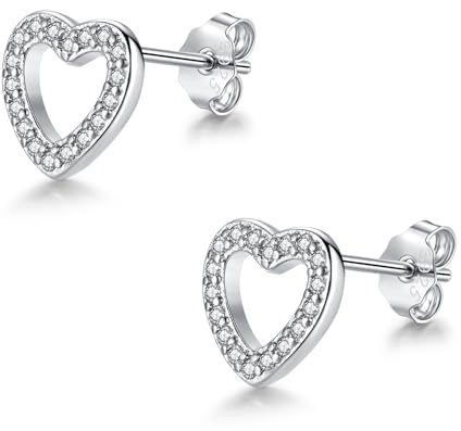 Glintara Sterling Silver Stud Earrings, Silver Heart Stud Earrings for Women, Flat Studs Earrings with Cubic Zircon, Hypoallergenic Love Shape Studs Small, Cartilage Sleeper Earrings Gift for Birthday