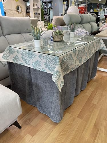 Ropa Chenilla de Mesa Camilla Rectangular (Gris) con 8 Pliegues - Incluye tapete Antimanchas Turquesa - Varias medidas - Falda Mesa Camilla, Enaguillas, Ropa Chenilla (130 x 80 cm (72 cm de Alto))