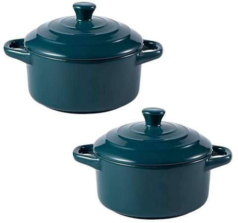 Set of 2 Mini Ceramic Casserole Pots with Lids, Oven-Safe Small Soup Pots, Perfect for Soups, Stews, and Side Dishes(Green)