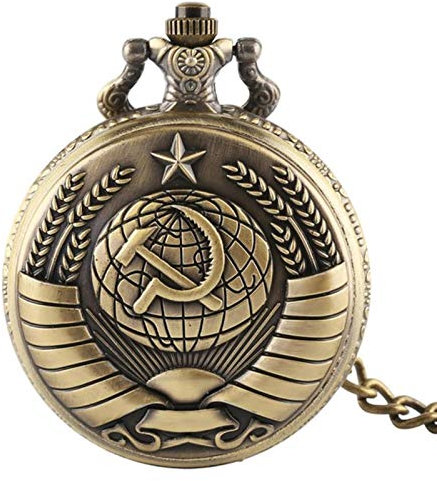 HUIBBGO Montre de Poche à Quartz Vintage en Bronze, Collier de Marteau de Faucille soviétique de la Russie, Horloge Militaire de l'Union soviétique, chaîne de 80 cm