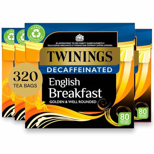 Twinings Decaf English Breakfast Black Tea, 320 Tea Bags (4 x 80) | Multipack, Black Tea, Decaffeinated, Full Bodied Blend, Well Rounded, Biodegradable Tea Bags, Heat Sealed Tea Bags