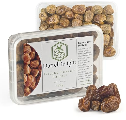 DattelDelight Frische Sukkari Datteln 400g (Chewy), Vegan, Glutenfrei mit Kern, nachhaltig verpackt, natürlich süß ohne Zuckerzusatz, Saftige Konsistenz reichhaltiges Fruchtfleisch für Snacks