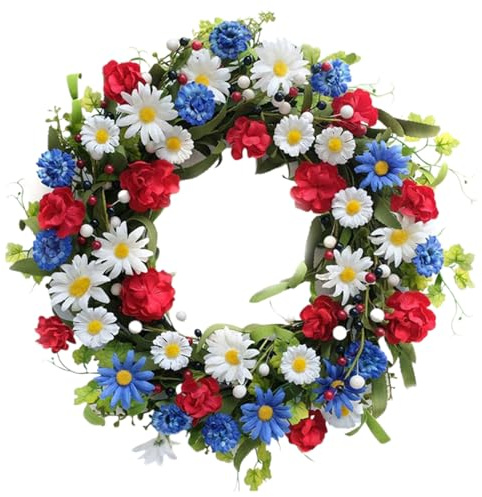 Independence Day Wreath 16 Inch Patriotic 4th of July Wreath with Red White Blue Flowers, Memorial Day Front Door Hanging Decor for Home or Office