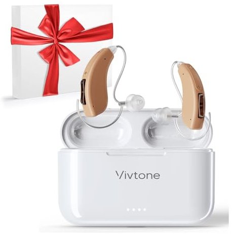 Vivtone Rechargeable Hearing Aids for Seniors Adults, Advanced Multi Channel Digital BTE Hearing Assist, with Recycle Charging Case for 125 Hrs Backup Power, Auto-On/Off, Pair, Lucid508-beige