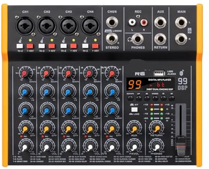 Mezclador multiaudio R6/R4 de 6 canales, 99DSP estéreo Bluetooth 5.0, tarjeta de sonido tipo C con salida de 6,5 mm,Compatibilidad Universal(R6)