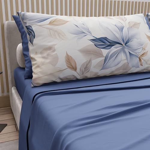 PETTI Artigiani Italiani - Lenzuola Matrimoniali Cotone con Federe in Stampa Digitale, Lenzuolo Completo Letto Matrimoniale Maxi Fantasia Floreale 164 Indaco, 100% Made in Italy