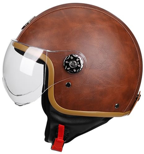 VVPEC Vintage Cuir Casque De Moto Jet pour Homme Et Femme avec Anti Scratch Visiere Portable Casque Moto Bols ECEDOT Homologué Face Ouverte Casque Mobylette Adulte Demi Casque(2,M=57~58cm)