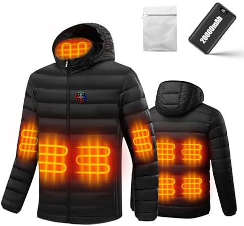 Mens Heated Jacket with Power Bank 20000mAh, 2025 Newly 9 Heating Zones Heated Jacket Womens, 1400g Super Soft Down Cotton, Detachable Headcap, 3 Level Temperature, Unisex Down Coat for Outdoor, XL