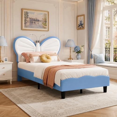 JiaOyu Kinderbett 90x200 cm, LED Einzelbett Gepolstertes Bett mit lattenrost für Mädchen, Polsterbett Jugendbett mit verstellbarem Kopfteil für Kinderzimmer, ohne Matratze(Blauer Schmetterling)