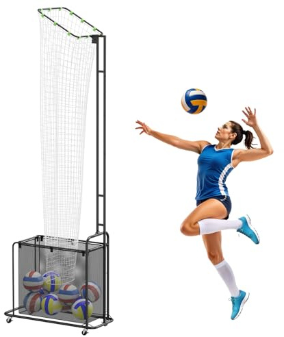 Entrenador de Voleibol con Ruedas, Red de Entrenamiento con Altura Ajustable (1.7-2.8m) y Ángulo Ajustable, Sistema de Práctica de Saque y Remate con Recogepelotas Integrado para Interior y Exterior