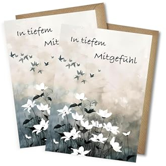 WBdesignz 2er-Set Trauerkarten mit Umschlägen - In tiefem Mitgefühl - Kondolenzkarten Weiße Blumen mit Vögeln - Beileidskarten zur Beerdigung, Anteilnahme (DIN A6)