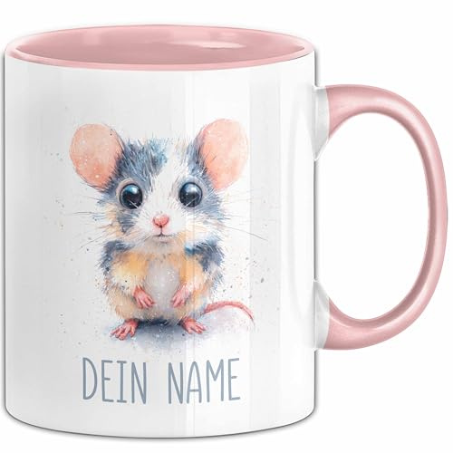 Mäuse Tasse mit Namen – Personalisierte Kaffeebecher Geschenkidee süßes Tiermotiv Namenstasse (Rosa)