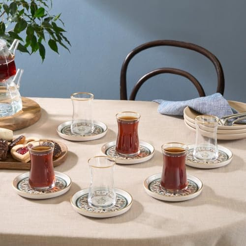 KARACA Clara 12-Piece Multicolor Turkish Tea Glass & Saucer Set – Elegant Multicolour Design for 6 People