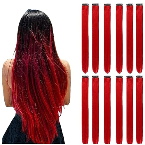 HTTDSLF 12 Pezzi Extension Capelli Clip In Hair Extensions, Posticci Sintetici Estensioni, Ciocche Capelli Con Clip, Ciocche per Bambini Donna Halloween Natale Cosplay Party (12, Rosso2)