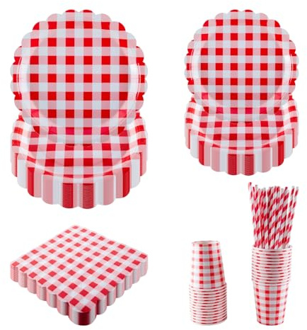 PHUNAT Lot de 25 assiettes, tasses et serviettes de table, comprenant des assiettes en carton festonnées vichy rouge (17,8 et 22,9 cm), parfaites pour les fêtes, événements et célébrations