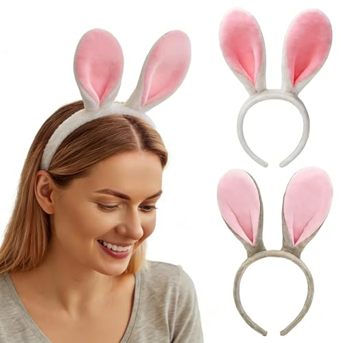 YceLon 2 Stück Hasen Ohren Haarreif, Bunny Ears für Kostüm | Weiße Hasenohren mit Grauen Spitzen, Oster Hasenohren, Perfekte Accessoires für Karneval und Erwachsenenparty