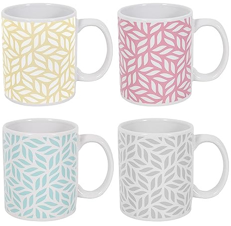 Set of 4 Pastel Stoneware Mugs with Leaf Design – Durable AB-Grade Ceramic, Dishwasher & Microwave Safe – Green, Yellow, Pink & Grey Coffee and Tea Cups for Home