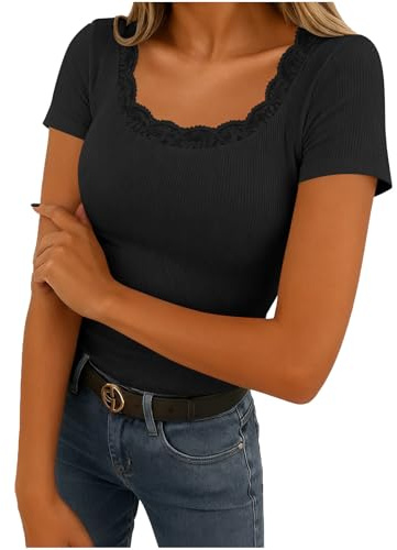 Haut Thermique Femme, sous Pull Thermique Femme Col U en Dentelle, Manche Courtes, Maille Fine, Tunique Femme Chic Et Elegant, Casual sous-Vêtements Thermiques T-Shirt