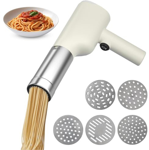 Macchina per pasta elettrica a mano, senza fili, con 5 stampi per pasta e misurino, pratica e ricaricabile, per pasta fresca per famiglia, viaggi, picnic (bianco)