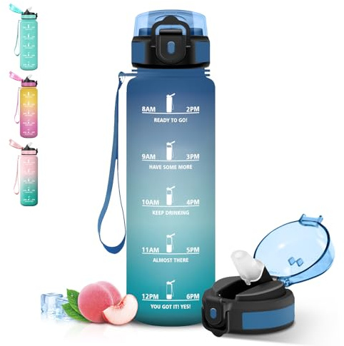 Grsta Botella Agua 1 litro, Cantimplora con Pajita, Diseño de Cerradura, A Prueba de Fugas, Botella Agua Gimnasio con Marcador de Tiempo para Bicicleta, Ciclismo, Colegio