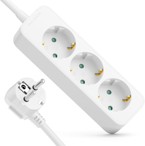 deleyCON 3-Fack Grenuttag med 90° Vinkelkontakt - 3,0m Kabel - 3x Skyddskontaktuttag Grenuttag Strömkabel Fördelare Förlängning Strömlist Hushåll Kontor 3680W 16A - Vit