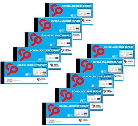 Cherry Printers School Accident Report Book GDPR | 2-Part Carbonless Duplicate Book | 50 Sets | 210mm x 99mm Size with Both Copies Perforated | for Schools and Educational Institutions **10 Pack**