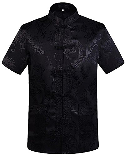 G-LIKE Chinesische Kleidung Drachen Jacke - Traditionelle Tangzhuang Kostüme Kampfkunst Kung Fu Tai Chi Qigong Kurze Ärmel Stehkragen Uniform für Männer Frauen (Schwarz, XXL)