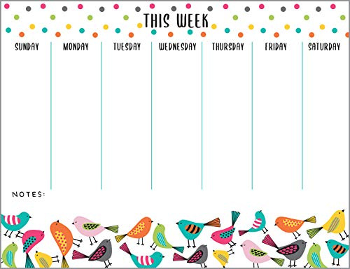 Weekly Calendar Planner Note Pad - Bright Birds with Attachable Magnet