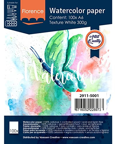 Vaessen Creative Florence Aquarellpapier A6, Weiß, 300 g/m² Strukturiertes Papier, 100 Blatt für Aquarellmalerei, Handlettering und Brush Lettering