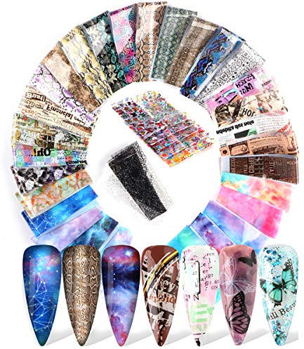 Mwoot 50 Farbe Nail Art Transferfolie Sticker, Spitze Blume Schmetterling Zeitungen Marmor Nail art Folie Transfer Roll Set, Holographische Nail Wraps Aufkleber Kit Nagelfolie Transfer
