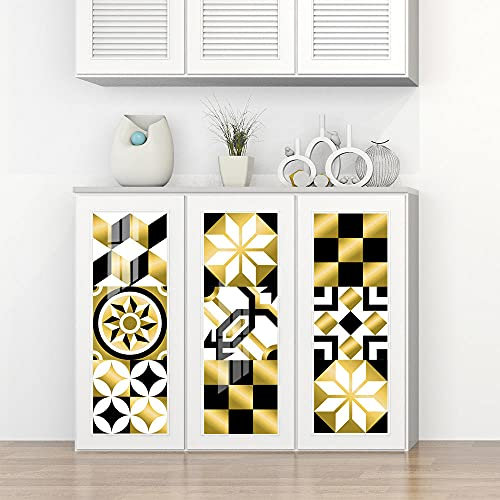 Stick on Tiles Golden Black Pattern Tile Stickers PVC Self Adhesive Wall Tiles Heat Resistant Tile Stickers for Kitchen Bathroom Waterproof Peel and Stick Floor Tiles Tile Paint 10x10cm