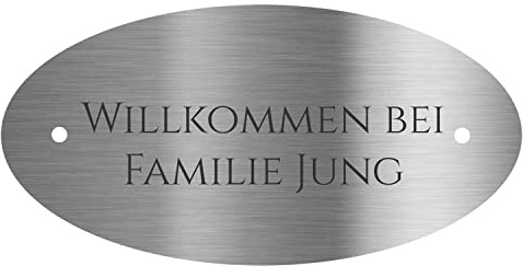 Jung Edelstahl Design Türschild verschiedene Größen und Motive personalisierbar. Briefkastenschild V2a Edelstahl selbstklebend (Oval 100 X 50 mm)