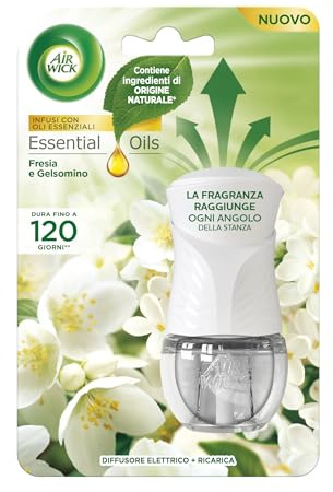 Airwick Diffusore Elettrico di Oli Essenziali, 1 Diffusore completo gadget, 1 Ricarica per Diffusore Elettrico alla Fragranza Fresia e Gelsomino, Profumatore per Ambienti Elettrico con Oli Essenziali